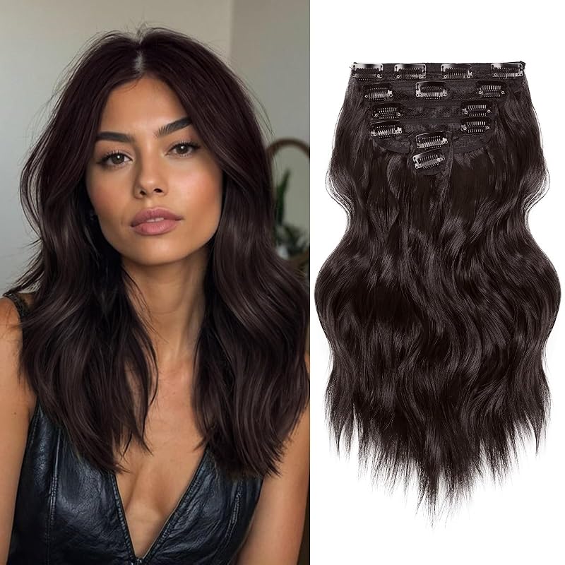 NAYOO Clip in Hair Extensions, 14 Inch Brown Wavy Synthetic Hairpieces 6PCS
