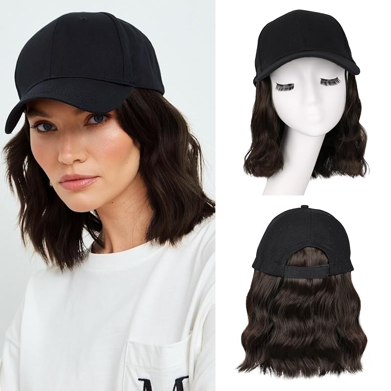Hat Wigs for Women Baseball Cap with Hair Extensions, 14inch