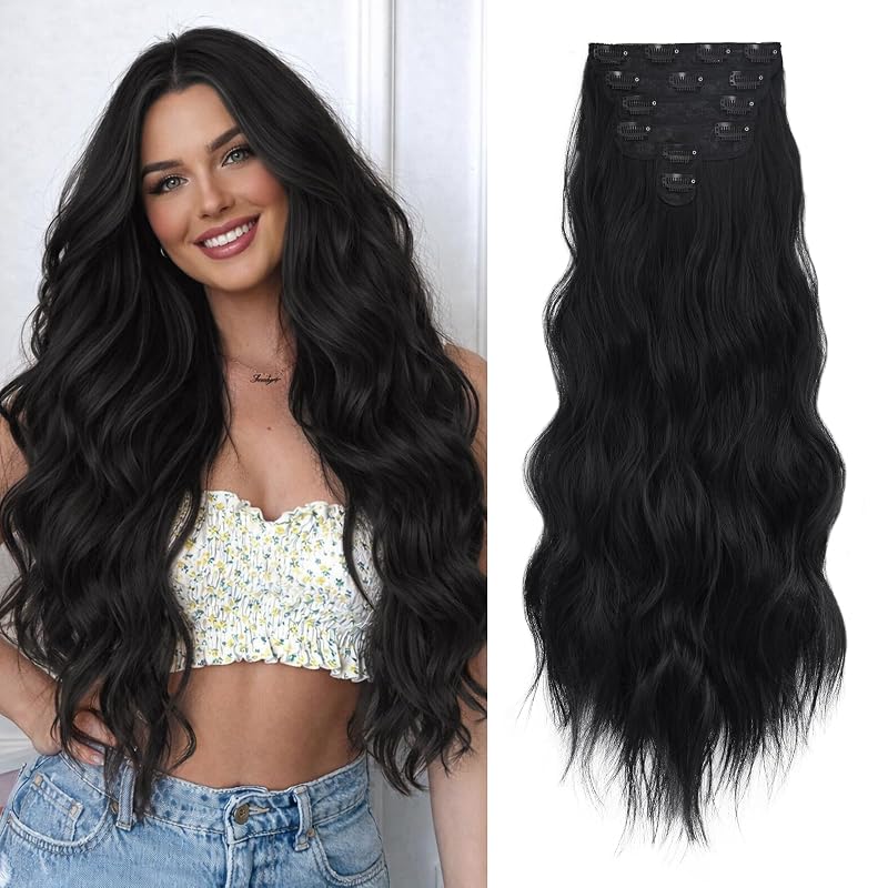 NAYOO Clip in Hair Extensions, 24 Inch Wavy Synthetic Hairpieces 6PCS