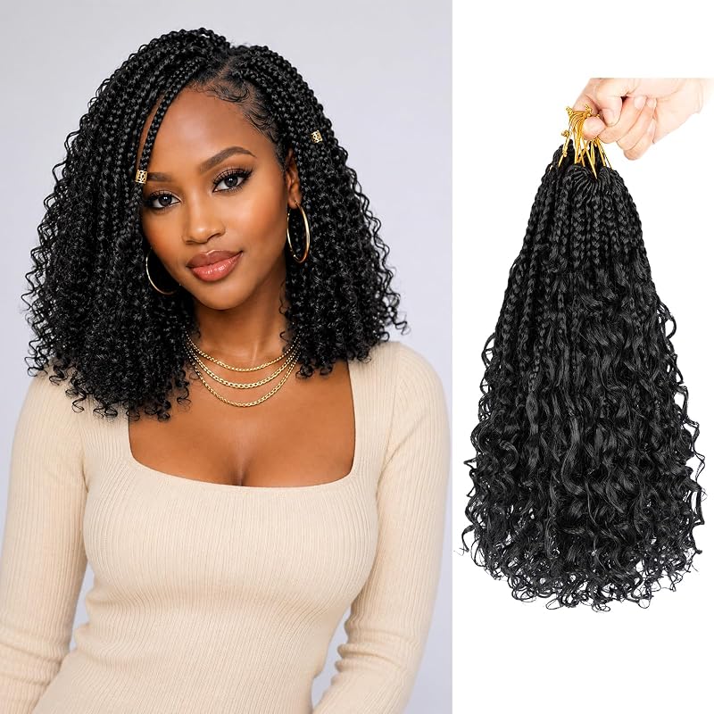 Goddess Box Braids Crochet Hair for Black Women, 14 Inch Boho Crochet Hair Pre Looped 8PK Boho Crochet Box Braids with Curly Ends