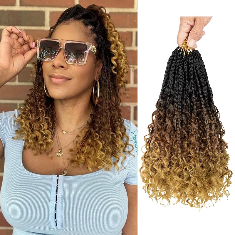 Goddess Box Braids Crochet Hair-12 Inch Boho Crochet Hair for Women 8PK Pre Looped Boho Crochet Braids with Curly Ends(1B/30/27)