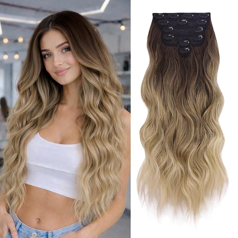 NAYOO Clip in Hair Extensions, 24 Inch Wavy Synthetic Hairpieces 6PCS