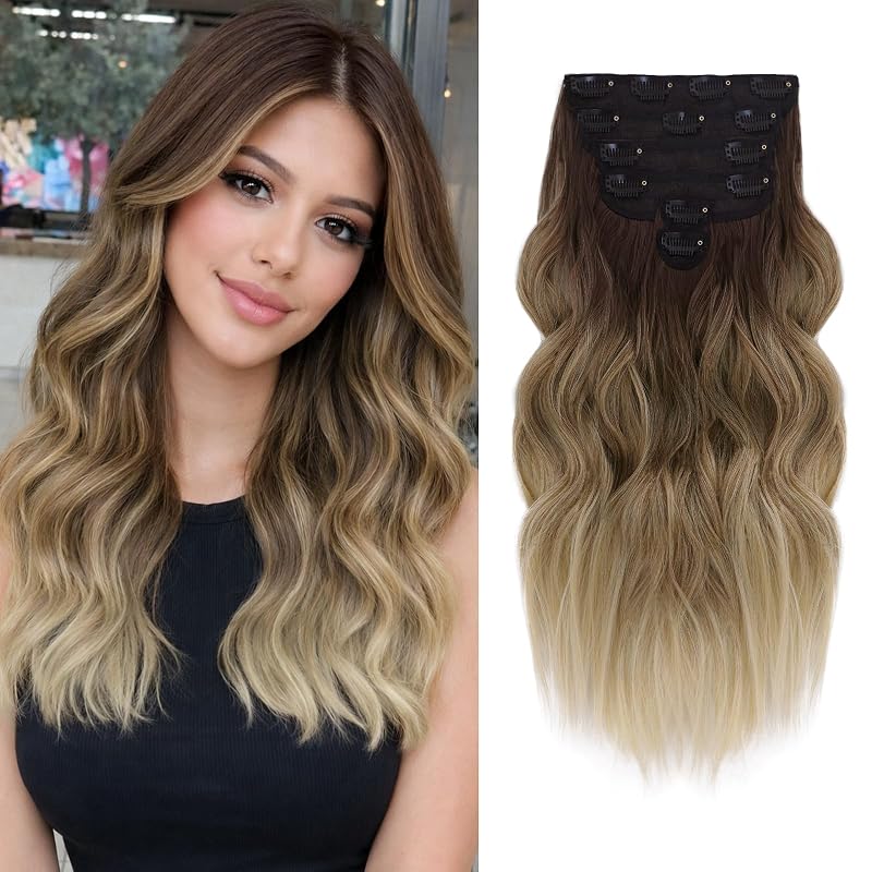 NAYOO Clip in Hair Extensions, 16 Inch Wavy Synthetic Hairpieces 6PCS