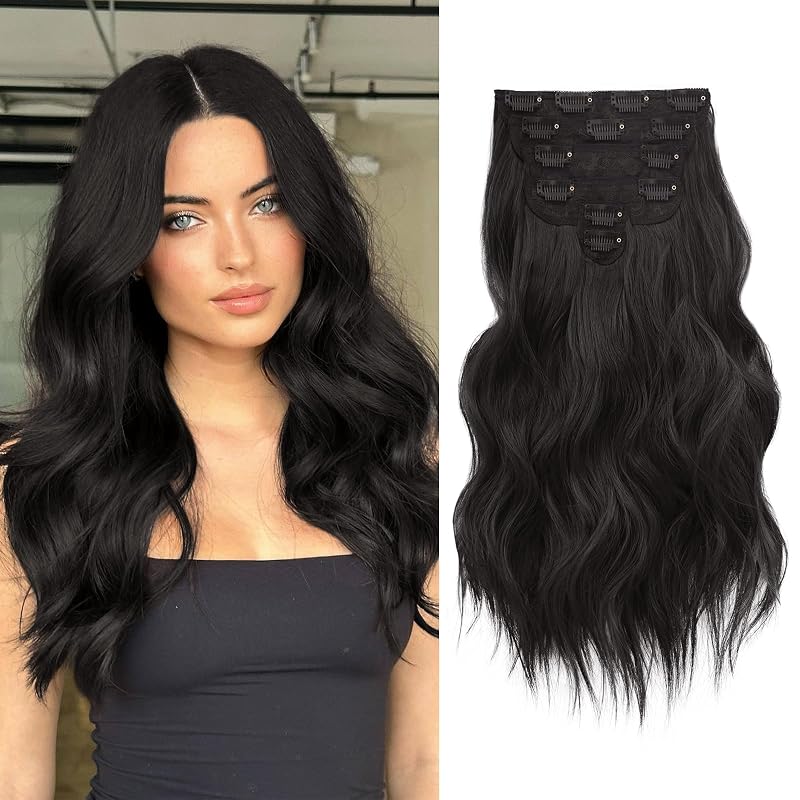 NAYOO Clip in Hair Extensions, 16 Inch Wavy Synthetic Hairpieces 6PCS
