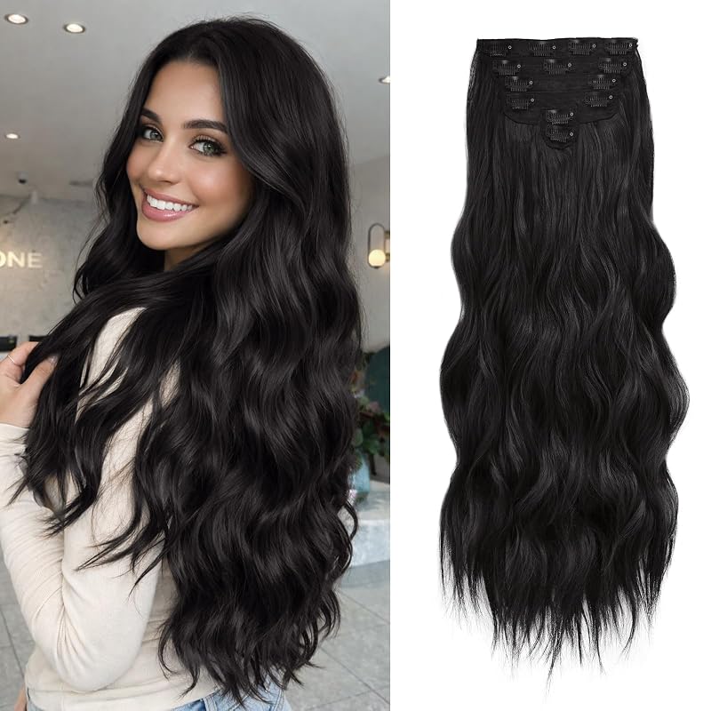 NAYOO Clip in Hair Extensions, 24 Inch Black Wavy Synthetic Hairpieces 6PCS