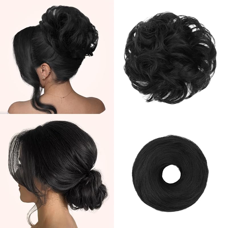 2PCS Messy Bun Hair Pieces Synthetic Hairpieces For Women Natural Black