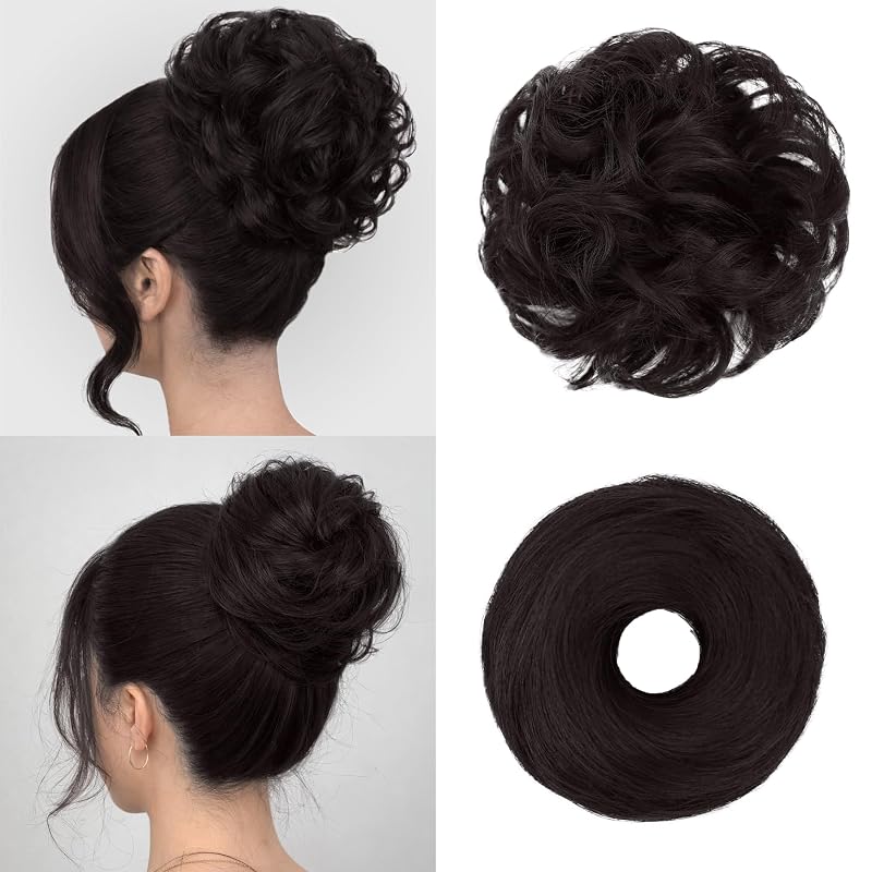 2PCS Messy Bun Hair Piece Set, Wavy Curly Hair Bun & Donut Bun Updo, Synthetic Hair Bun Scrunchies Chignon Ponytail Extensions Hairpieces for Women(Brown Black)
