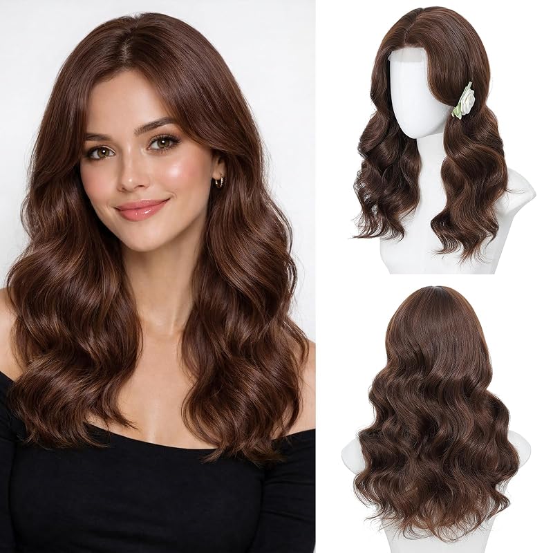 Niceone Hair Brown Wavy Wig for Women, 18 Inch Middle Part Synthetic Wig