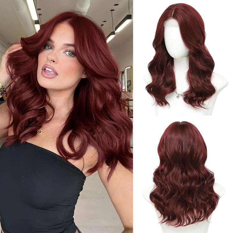 Niceone Hair Wine Red Wavy Wig for Women, 18 Inch Middle Part Synthetic Wig