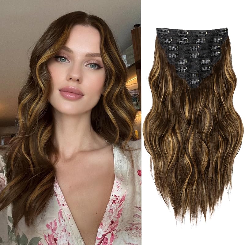 Clip in Hair Extensions, 8PCS 16 Inch Wavy Dark Brown Hair Extensions Clip Ins Mix Blonde, Synthetic Hairpieces for Women