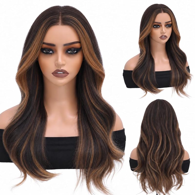 Brown Highlights 13x4 Synthetic Lace Front Wig, 22 Inch Natural Hairline