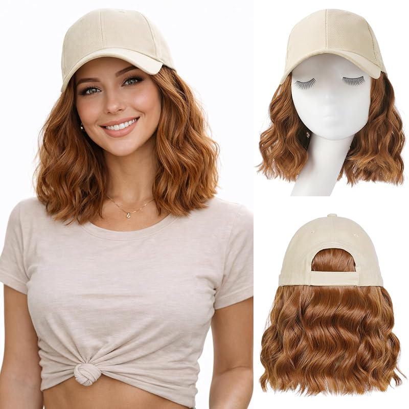 AISI QUEENS Hat Wig Hat with Hair Attached for Women Cap with Hair Attached for Women Baseball Cap Wig Extensions Short Wave Synthetic Adjustable for Daily Use（14inch）
