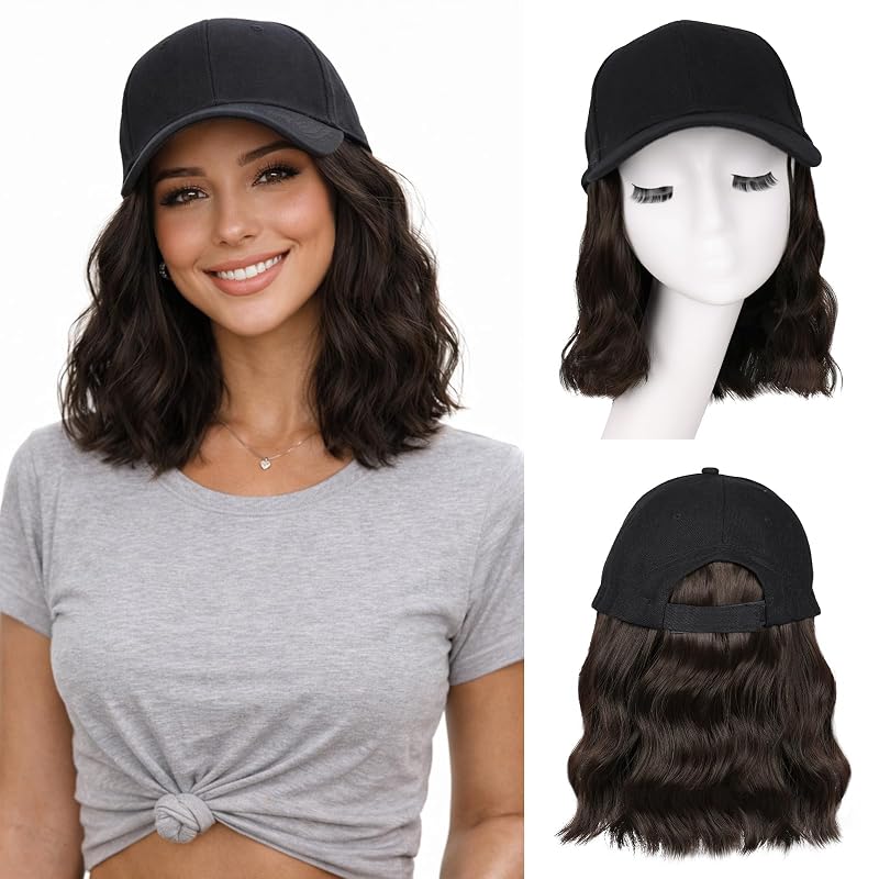 AISI QUEENS Hat Wig with Hair Attached for Women Baseball Cap Wig Extensions Short Wave Synthetic Adjustable for Daily Use 14 Inch