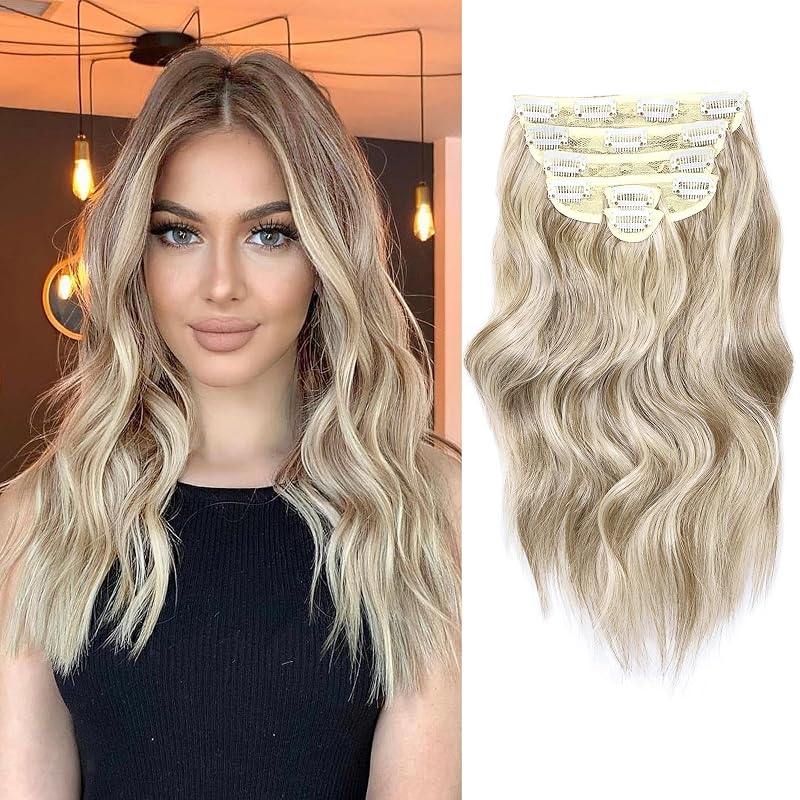 NAYOO Clip in Hair Extensions, 14 Inch Wavy Synthetic Hairpieces 6PCS