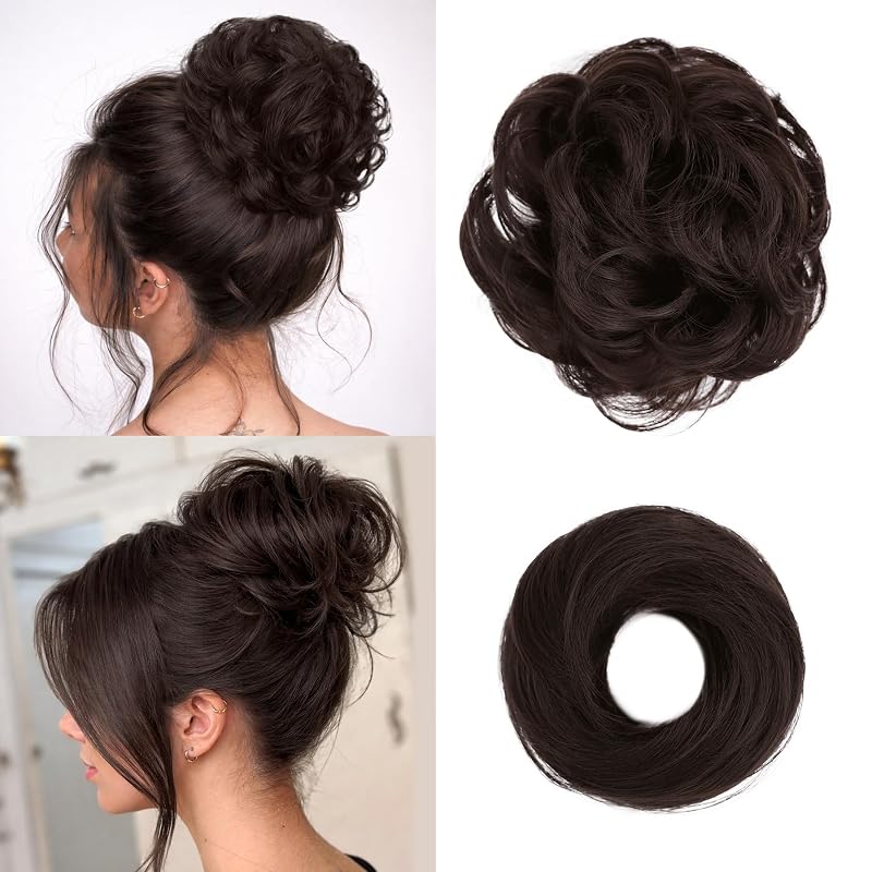 2PCS Messy Bun Hair Pieces Synthetic Hairpieces For Women Dark Auburn