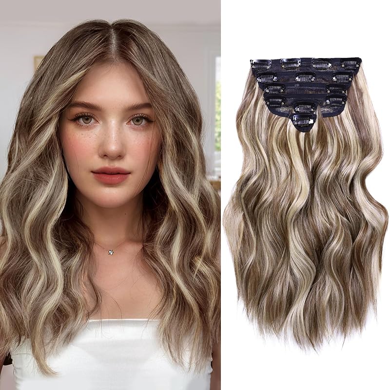 NAYOO Clip in Hair Extensions, 14 Inch Brown Wavy Synthetic Hairpieces 6PCS
