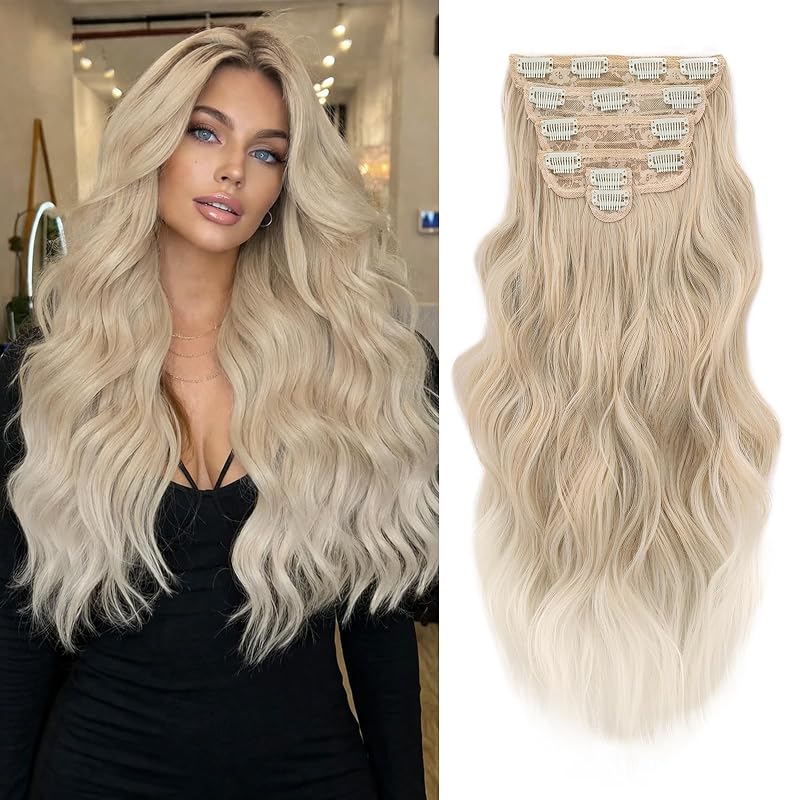 NAYOO Clip in Hair Extensions, 20 Inch Wavy Synthetic Hairpieces 6PCS