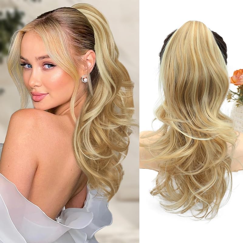 NAYOO Claw Clip Ponytail Extension Dirty Blonde 19" Long Wavy Ponytail Clip in Hair Extensions for Women Curly Natural Layered Pony Tails for Short Thin Hair Synthetic Hairpiece(Dirty Blonde)