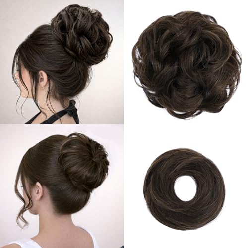 2PCS Messy Bun Hair Pieces Synthetic Hairpieces For Women Chestnut Brown