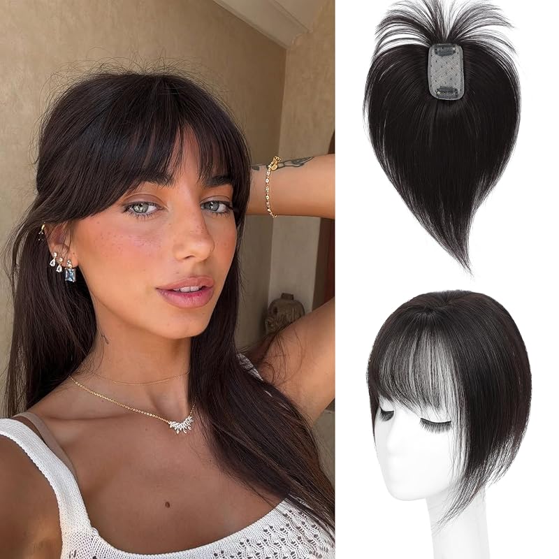 DinkyTims Hair Toppers for Women Real Human Hair - 360° Coverage Clip In Topper with Bangs for Thinning Hair Upgraded Silk Base Ideal for Everyday Use (Nature Black, 5x9 Bangs)