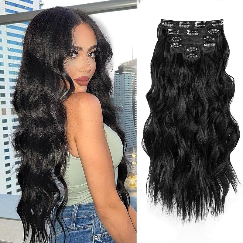 NAYOO Clip in Hair Extensions for Women 20 Inch Long Wavy Curly Black Hair Extension Full Head Synthetic Hair Extension 6PCS Hairpieces(Natural Black)
