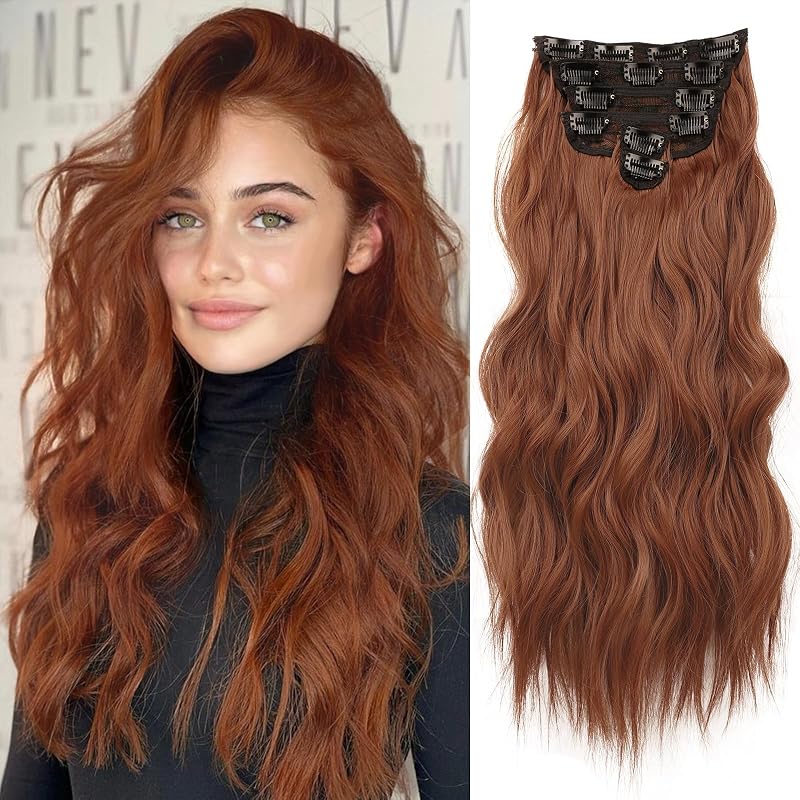 NAYOO Clip in Hair Extensions for Women 20 Inch Long Wavy Curly Auburn Hair Extension Full Head Synthetic Hair Extension 6PCS Hairpieces(Auburn Red)