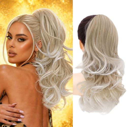 NAYOO Claw Clip Ponytail Extension Blonde 18" Long Wavy Ponytail Clip in Hair Extensions for Women Curly Natural Layered Pony Tails for Short Thin Hair Synthetic Hairpiece(Blonde)
