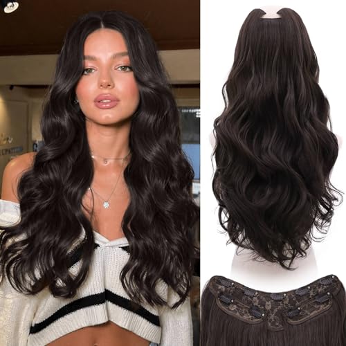 WECAN Clip In Hair Extensions, 20 Inch 3PCS Wavy Brown Synthetic Hair