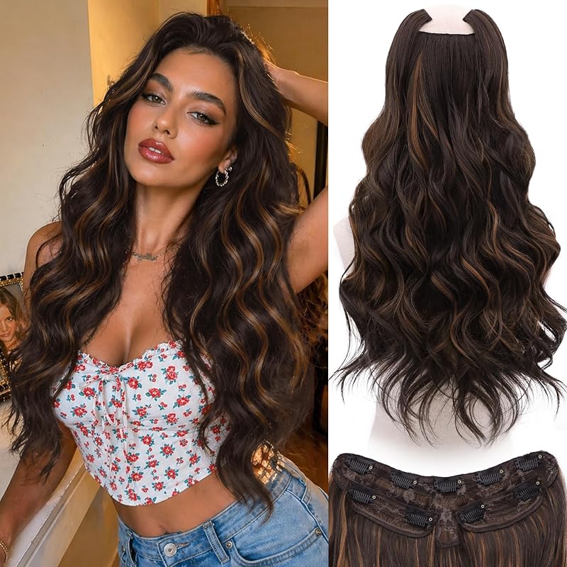 WECAN Clip In Hair Extensions, 20 Inch 3PCS Wavy Brown Synthetic Hair
