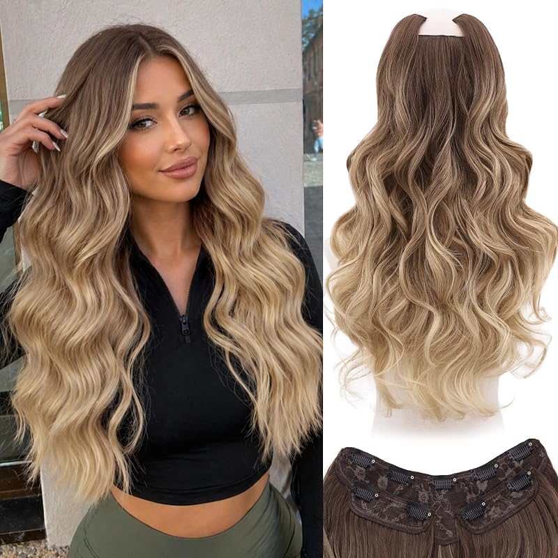 WECAN Clip In Hair Extensions, 20 Inch 3PCS Wavy Blonde Synthetic Hair