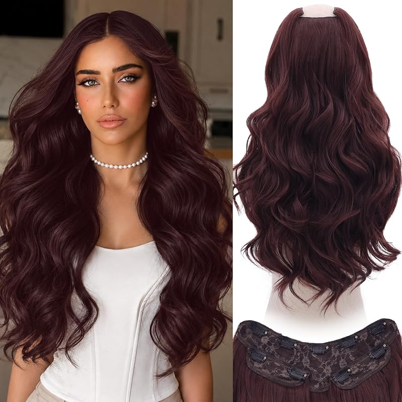WECAN Clip In Hair Extensions, 20 Inch 3PCS Wavy Red Synthetic Hair