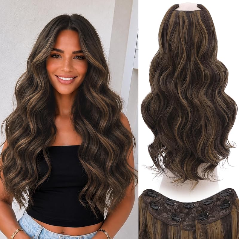 WECAN Clip In Hair Extensions, 20 Inch 3PCS Wavy Brown Synthetic Hair