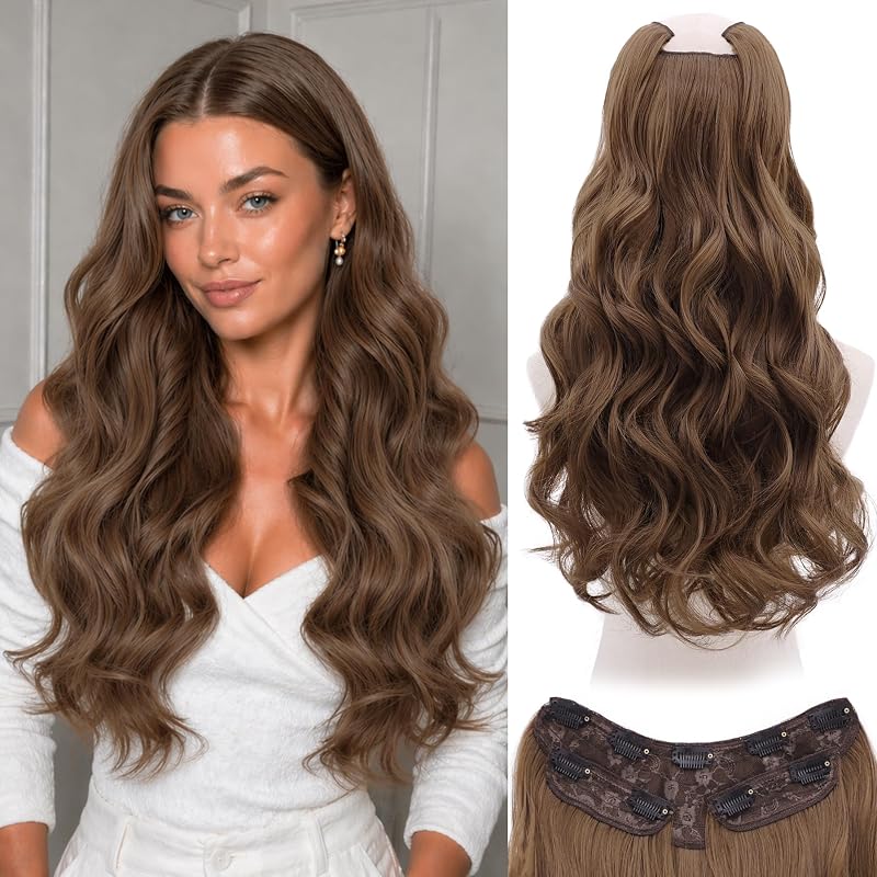 WECAN Clip In Hair Extensions, 20 Inch 3PCS Wavy Brown Synthetic Hair