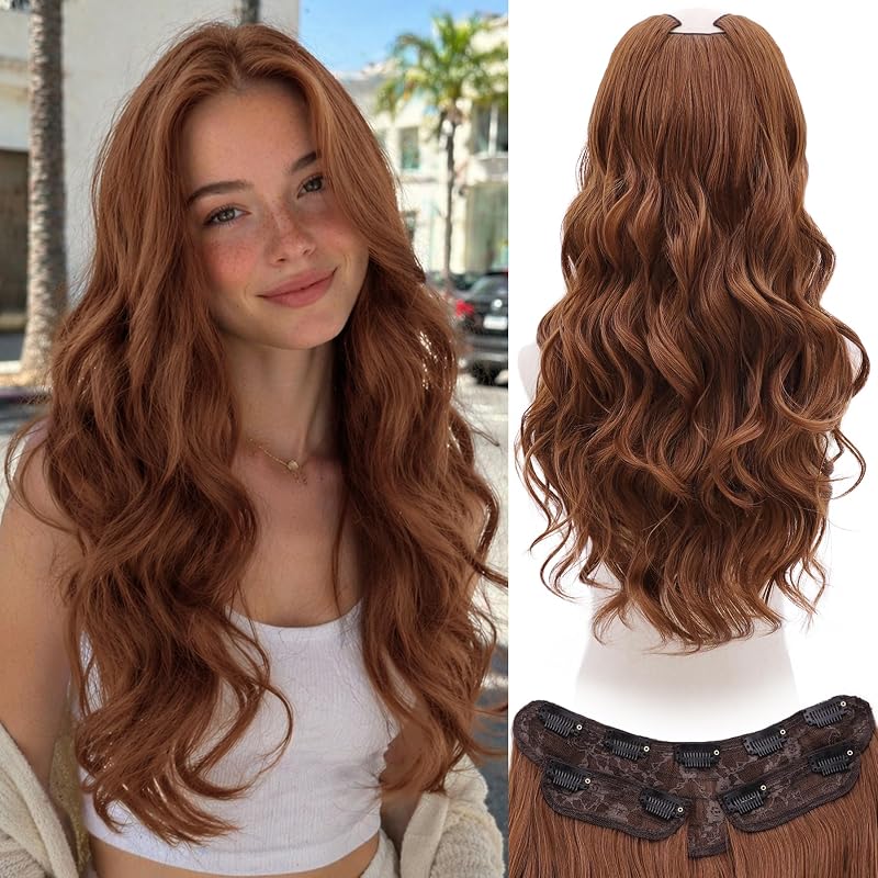 WECAN Clip In Hair Extensions, 20 Inch 3PCS Wavy Auburn Synthetic Hair