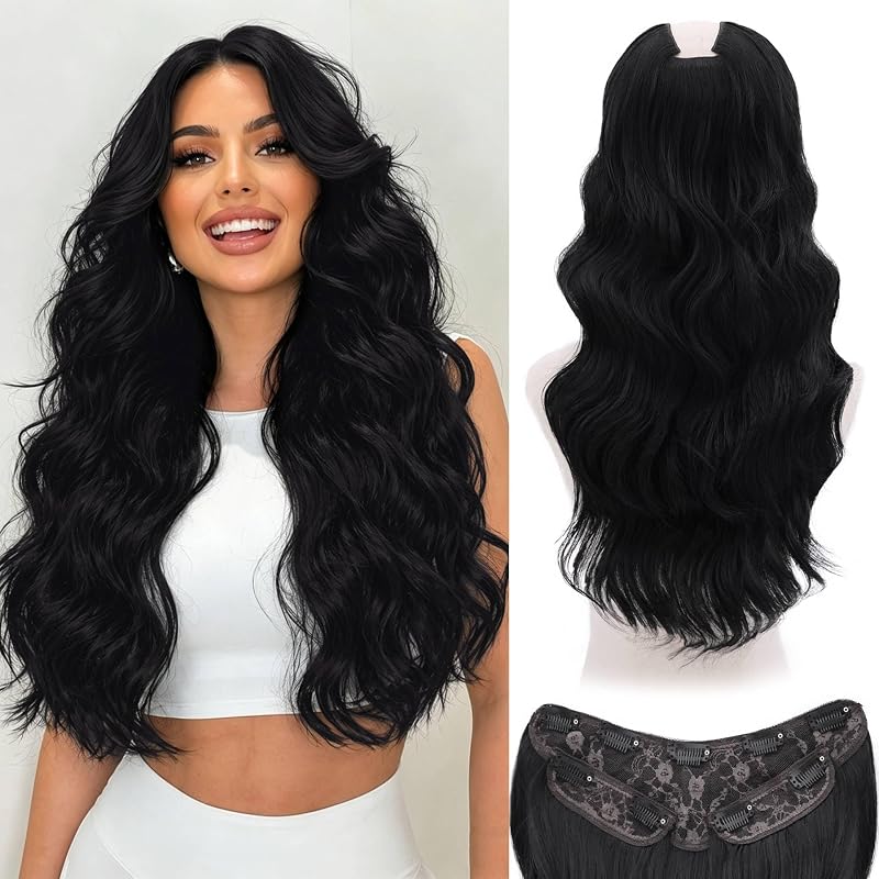 WECAN Clip In Hair Extensions, 20 Inch 3PCS Wavy Black Synthetic Hair
