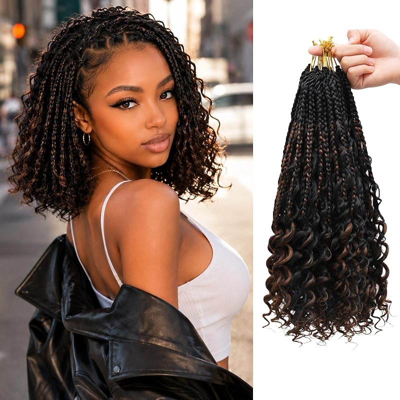 14 Inch Boho Crochet Braids with Curly Ends, Pre-Looped Goddess Box Braids Crochet Hair in 1B/M30 Auburn Brown Highlights, Soft Lightweight Braiding Hair for Black Women