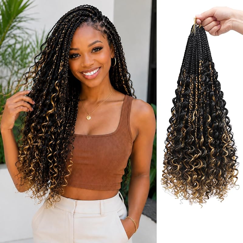 18 Inch Boho Crochet Braids with Curly Ends, Pre-Looped Goddess Braids Crochet Hair in Black with Honey Blonde Highlights, Soft Lightweight Synthetic Braiding Hair for Black Women