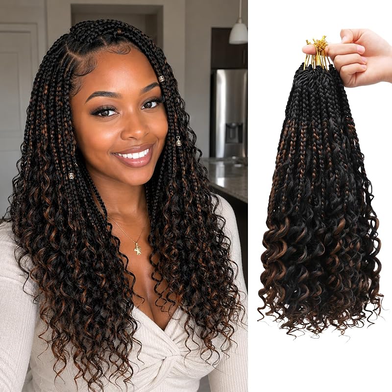 18 Inch Boho Crochet Braids with Curly Ends, Pre-Looped Goddess Braids Crochet Hair in 1B/M30 Auburn Brown Highlights, Soft Lightweight Braiding Hair for Black Women