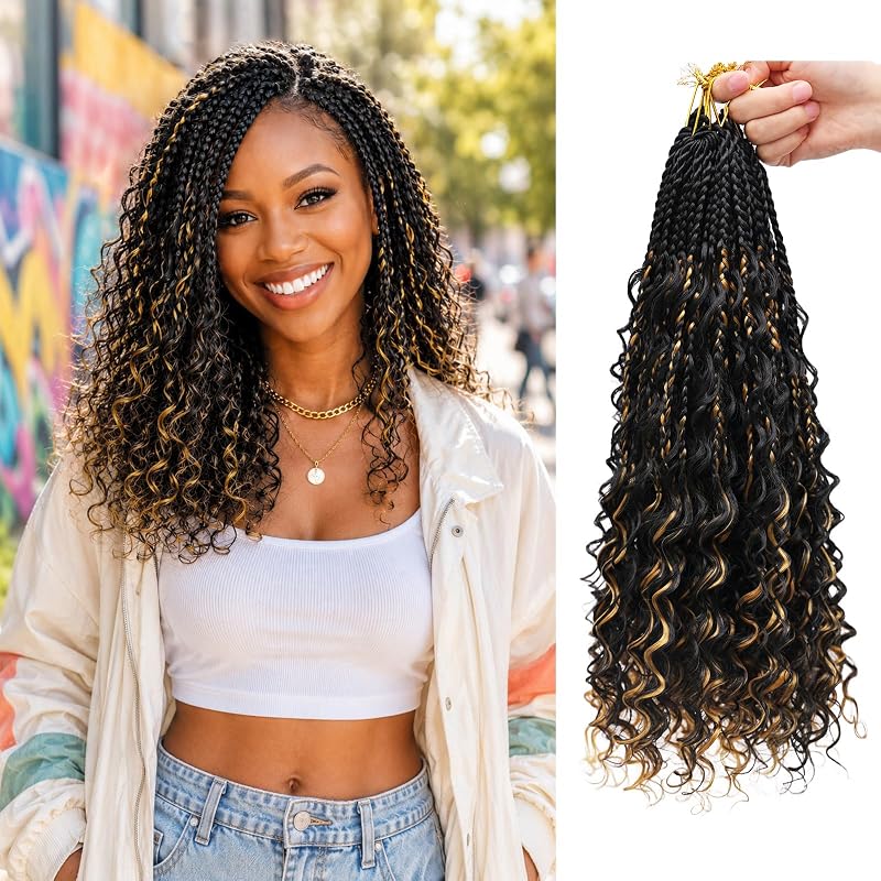 14 Inch Boho Crochet Braids with Curly Ends, Pre-Looped Goddess Box Braids Crochet Hair in Black with Honey Blonde Highlights, Soft Lightweight Synthetic Braiding Hair for Black Women