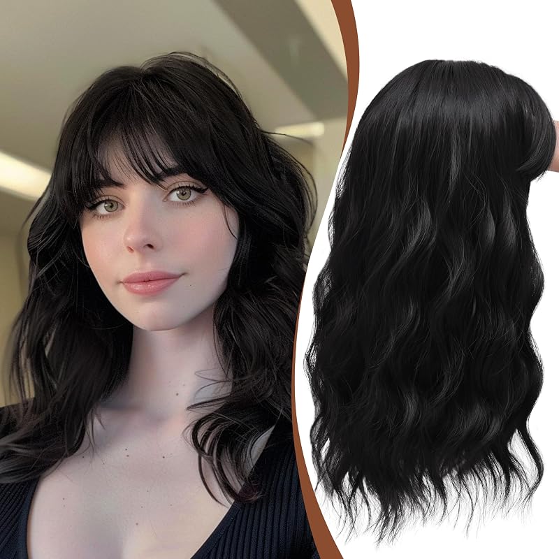 Hair Topper with Bangs 16 Inch Classic Black Wavy Hairpiece 6.5x6.5 Base