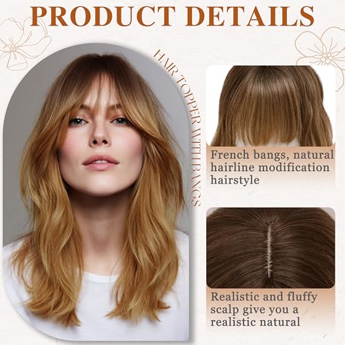 Hair Topper with Bangs 16 Inch Light Brune Melt Wavy Hairpiece 6.5x6.5 Base