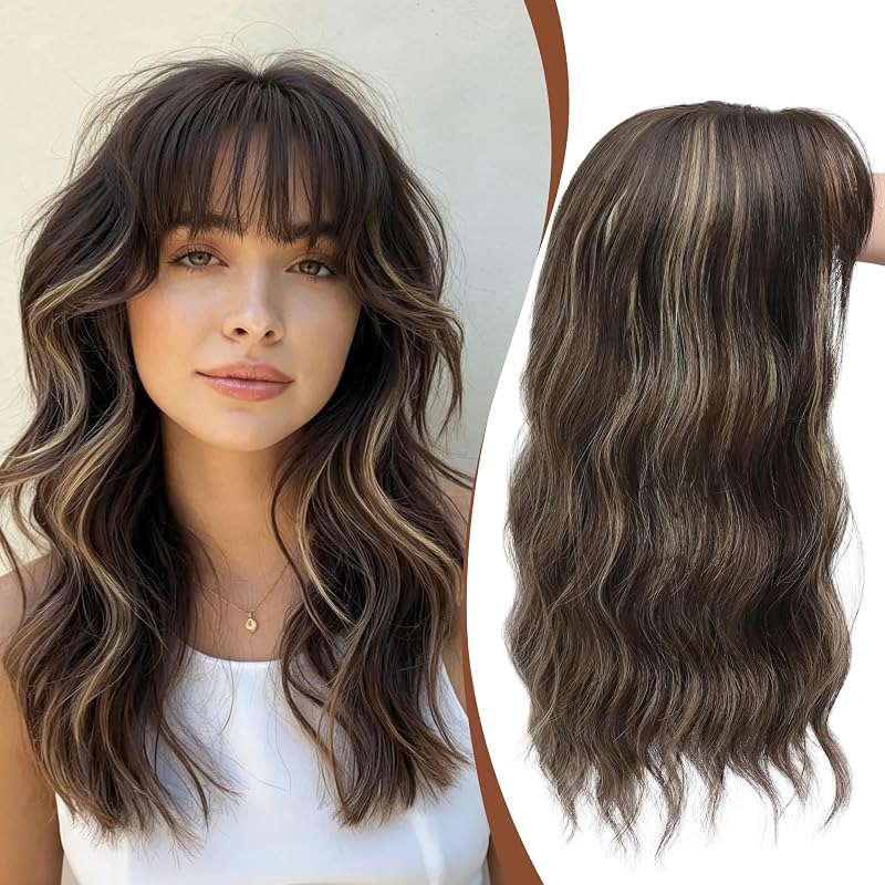 Hair Topper with Bangs 16 Inch Ashy Highlights Wavy Hairpiece 6.5x6.5 Base