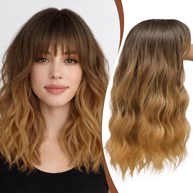 Hair Topper with Bangs 16 Inch Nut Blond Melt Wavy Hairpiece 6.5x6.5 Base
