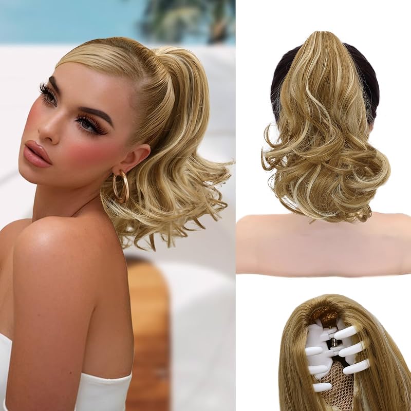 NAYOO Claw Clip Ponytail Extension Blonde 12" Short Wavy Ponytail Clip in Hair Extensions for Women Curly Natural Layered Pony Tails Synthetic Hairpiece(Medium Blonde with Blonde Highlights)