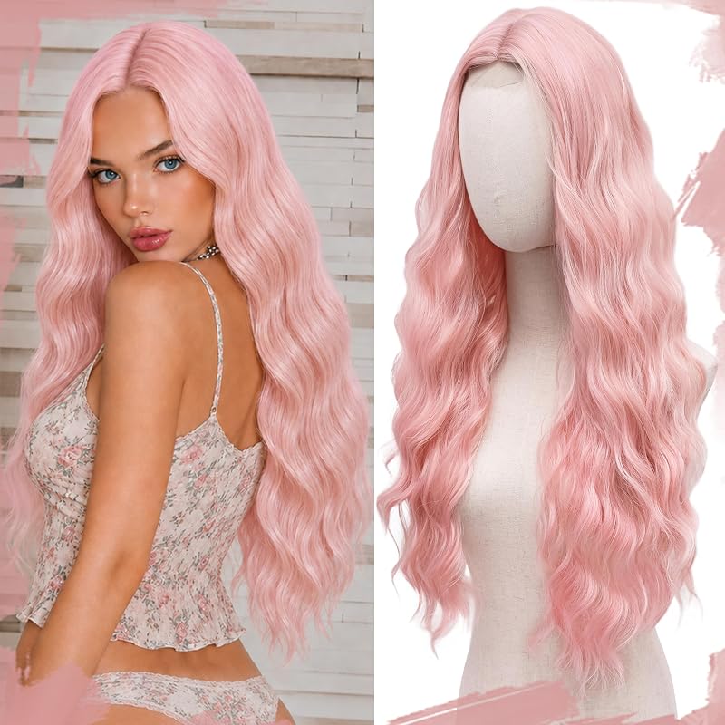 Cosplay Long Sakura Pink Wig 28 Inch Middle Part Synthetic Wigs for Women