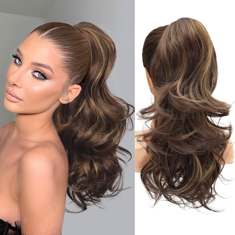 NAYOO Claw Clip Ponytail Extension Brown 18" Long Wavy Ponytail Clip in Hair Extensions for Women Curly Natural Layered Pony Tails for Short Thin Hair Synthetic Hairpiece(Brown Mixed Dirty Blonde)