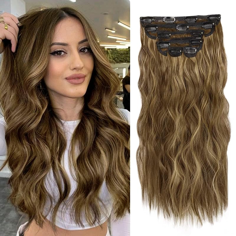 WECAN Clip in Hair Extension 20Inch 6PCS Honey Brown Mix Blonde Long Wavy Curly Hairpieces for Women Natural Thick Synthetic Fiber Double Weft Hair Full Head