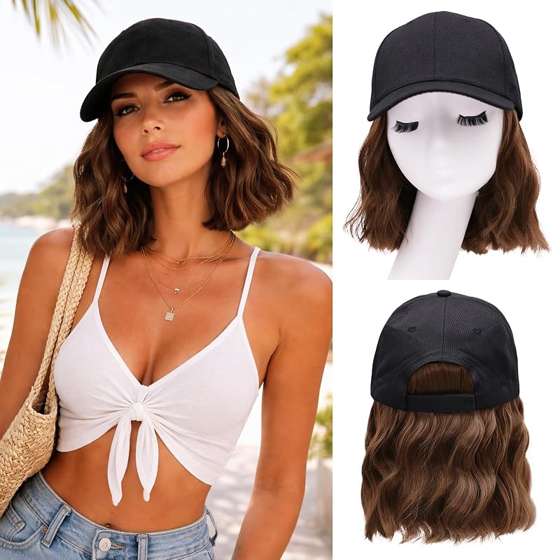 Hat Wigs for Women Baseball Cap with Hair Extensions, 14inch