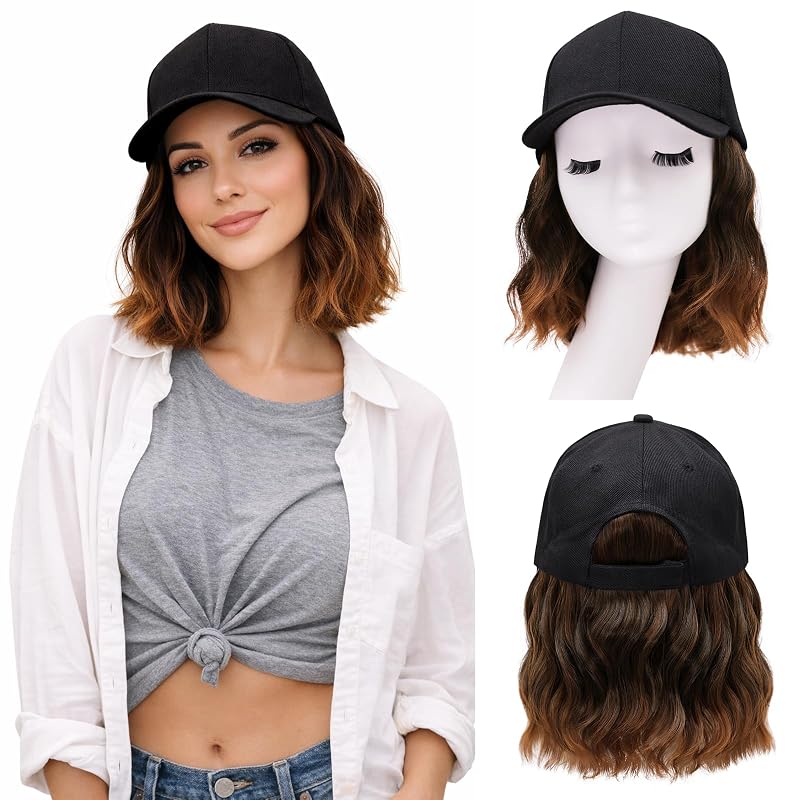 Hat Wigs for Women Baseball Cap with Hair Extensions, 14inch