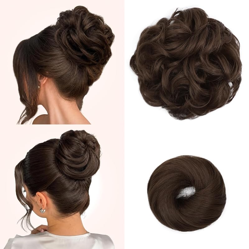 2PCS Messy Bun Hair Pieces Synthetic Hairpieces For Women Medium Brown